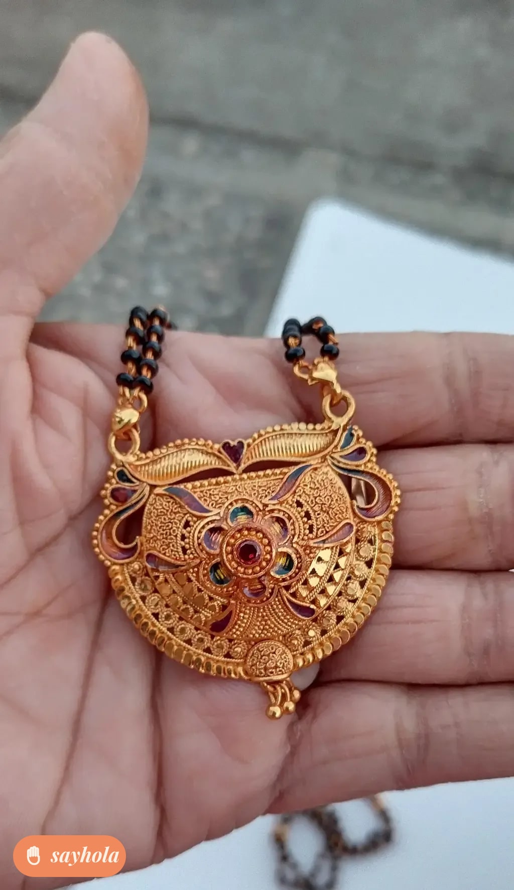 gold plated big pendant mangalsutra with black beads