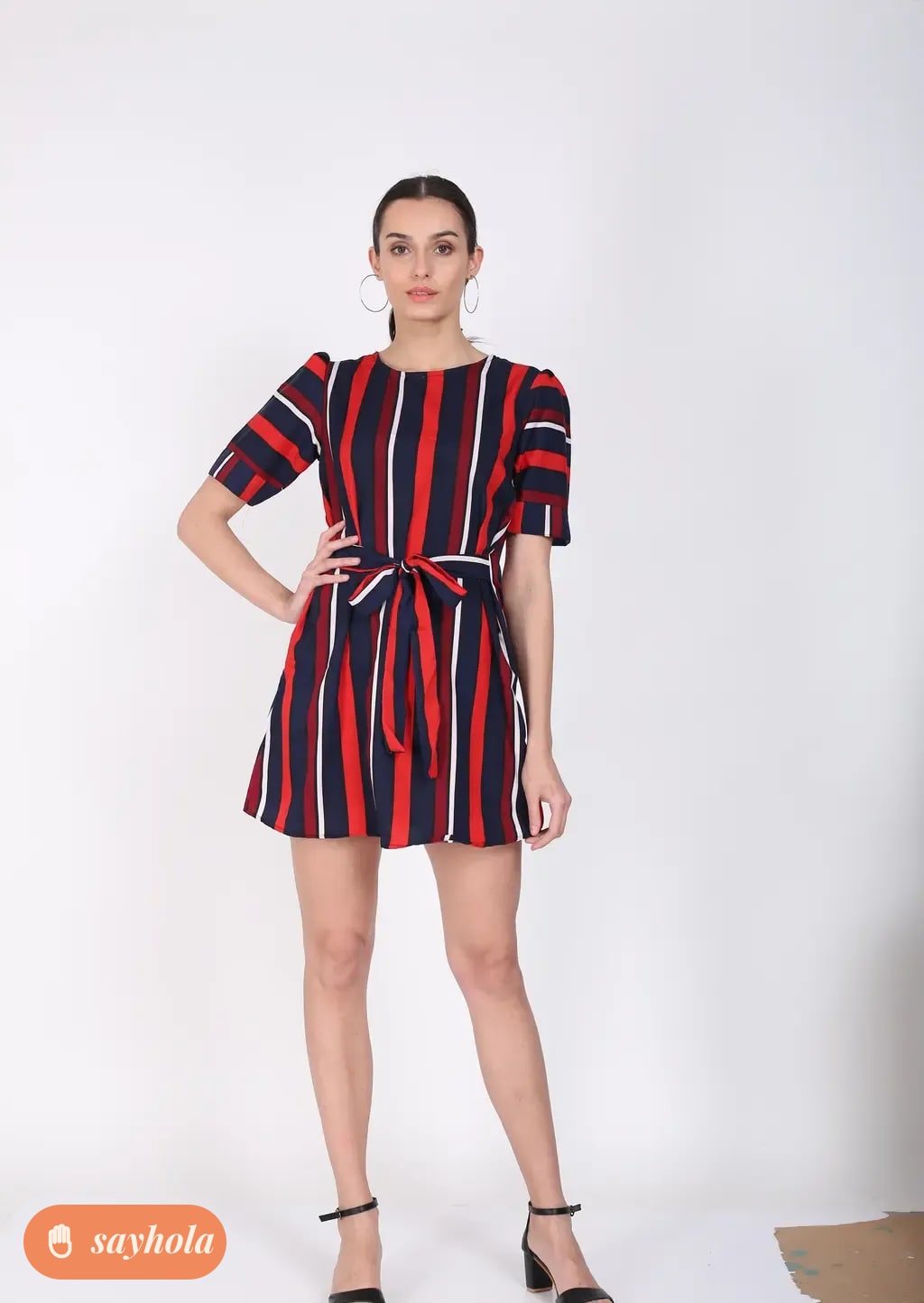 striped crepe dress with long sleeves