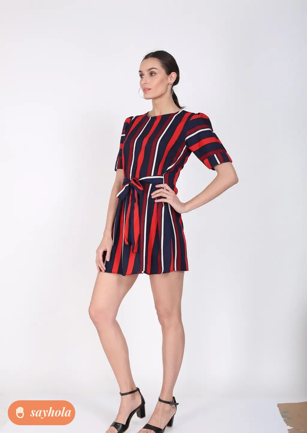 striped crepe dress with long sleeves
