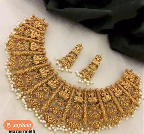 gold plated temple necklace set with pearls
