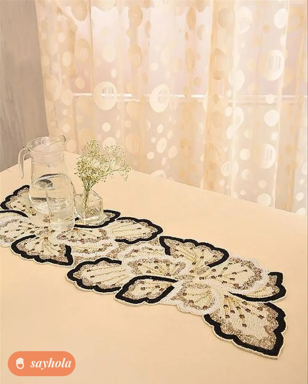 black beige beaded cotton table runner