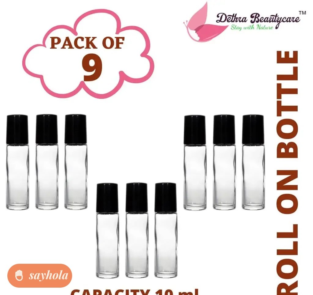 set of 9 glass roll on bottles with black caps