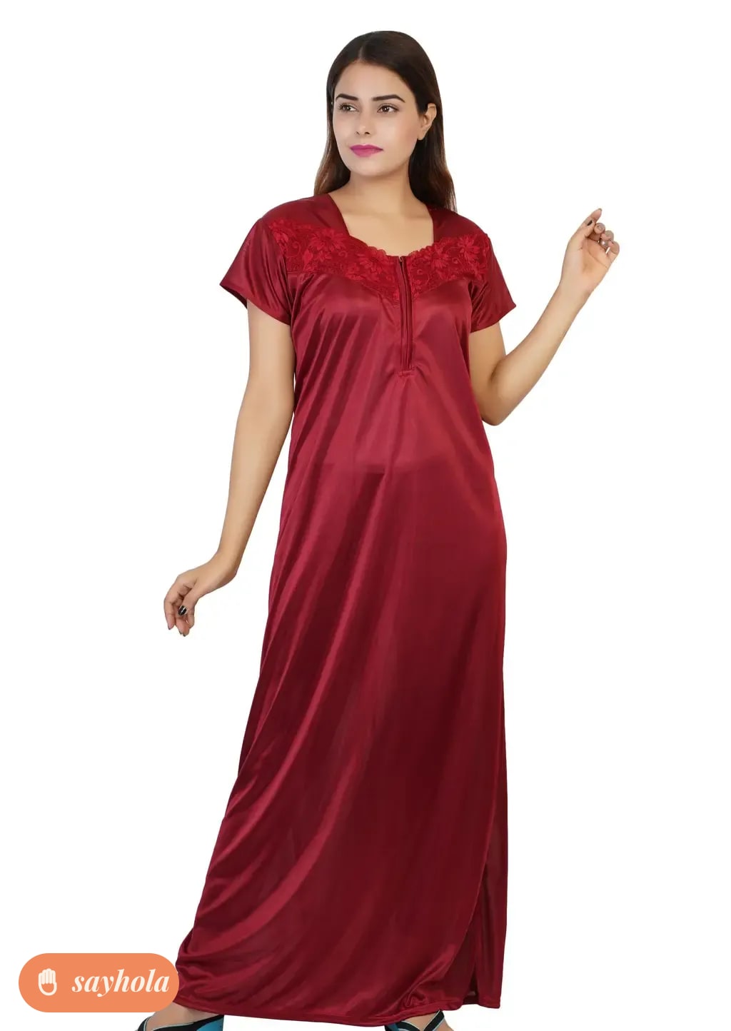 women's satin half sleeve nightwear gown maroon