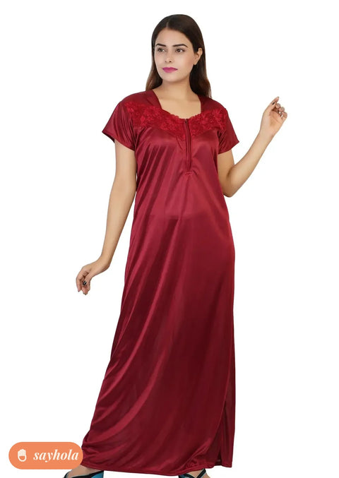 women's satin half sleeve nightwear gown maroon