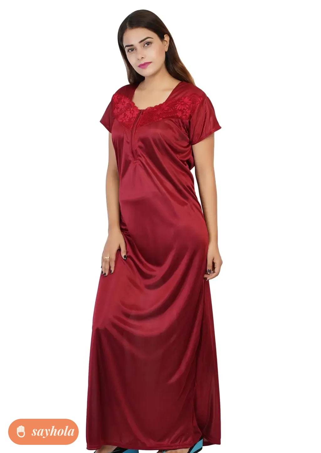 women's satin half sleeve nightwear gown maroon