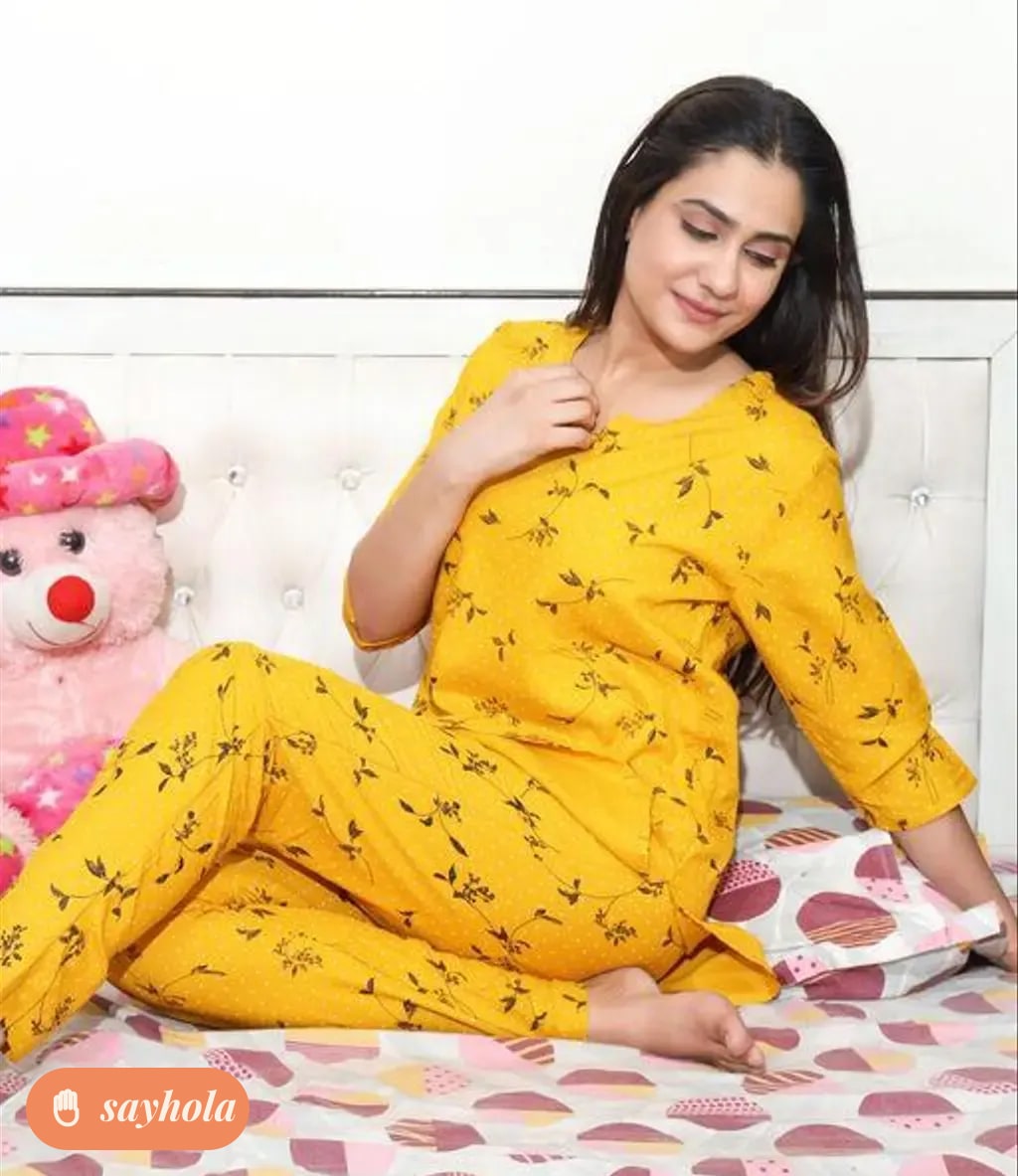 rayon printed yellow night suit set
