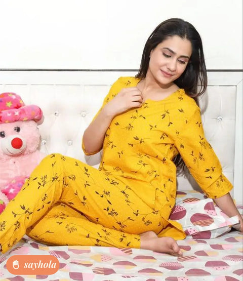 rayon printed yellow night suit set