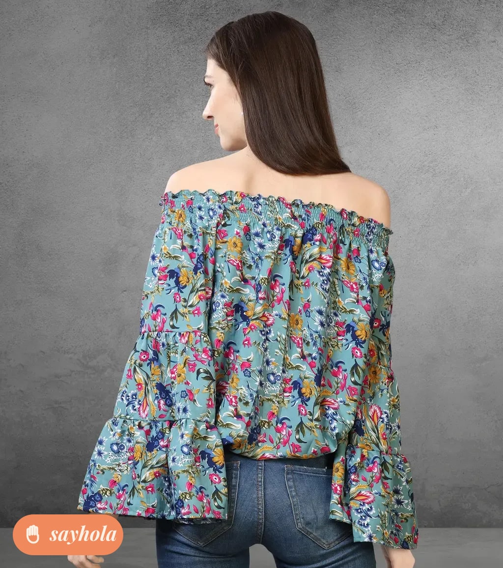 blue floral crepe top with long sleeves