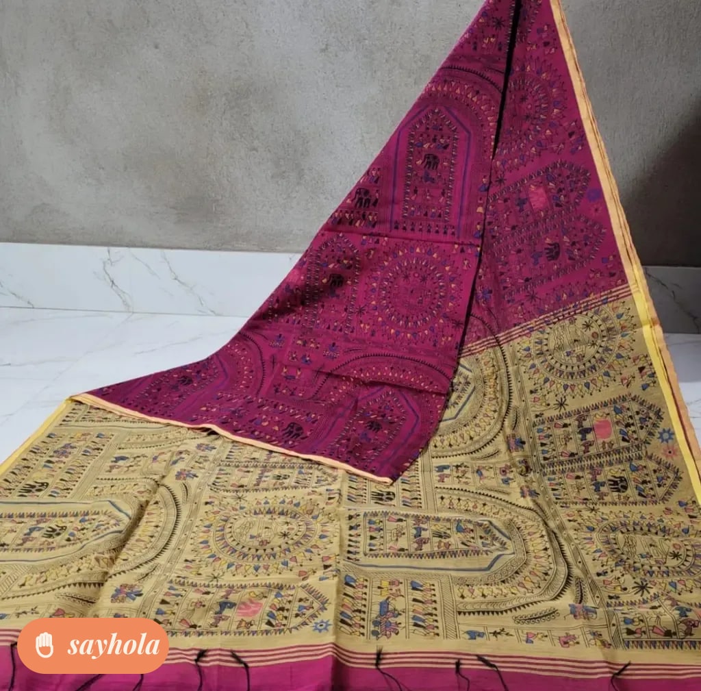 cotton silk madhubani print saree with blouse piece