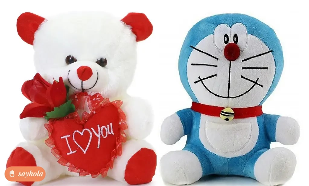 rose teddy and doreamon soft toy combo