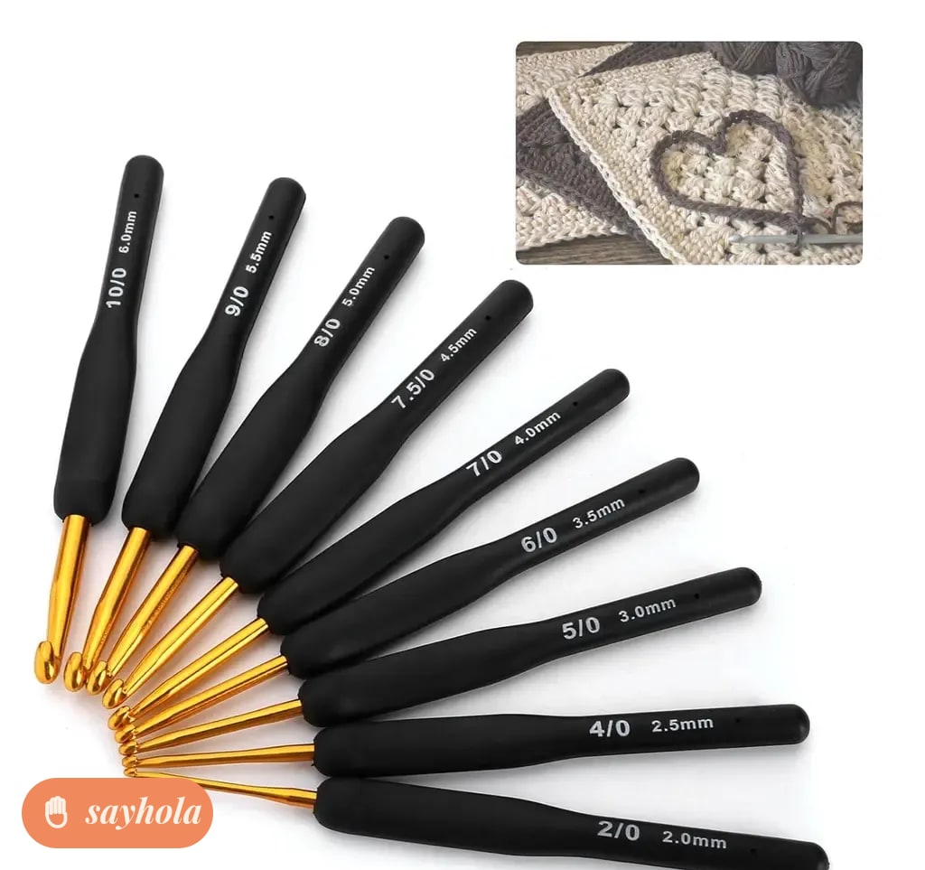 set of 9 aluminum crochet hooks with soft handles
