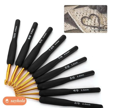 set of 9 aluminum crochet hooks with soft handles