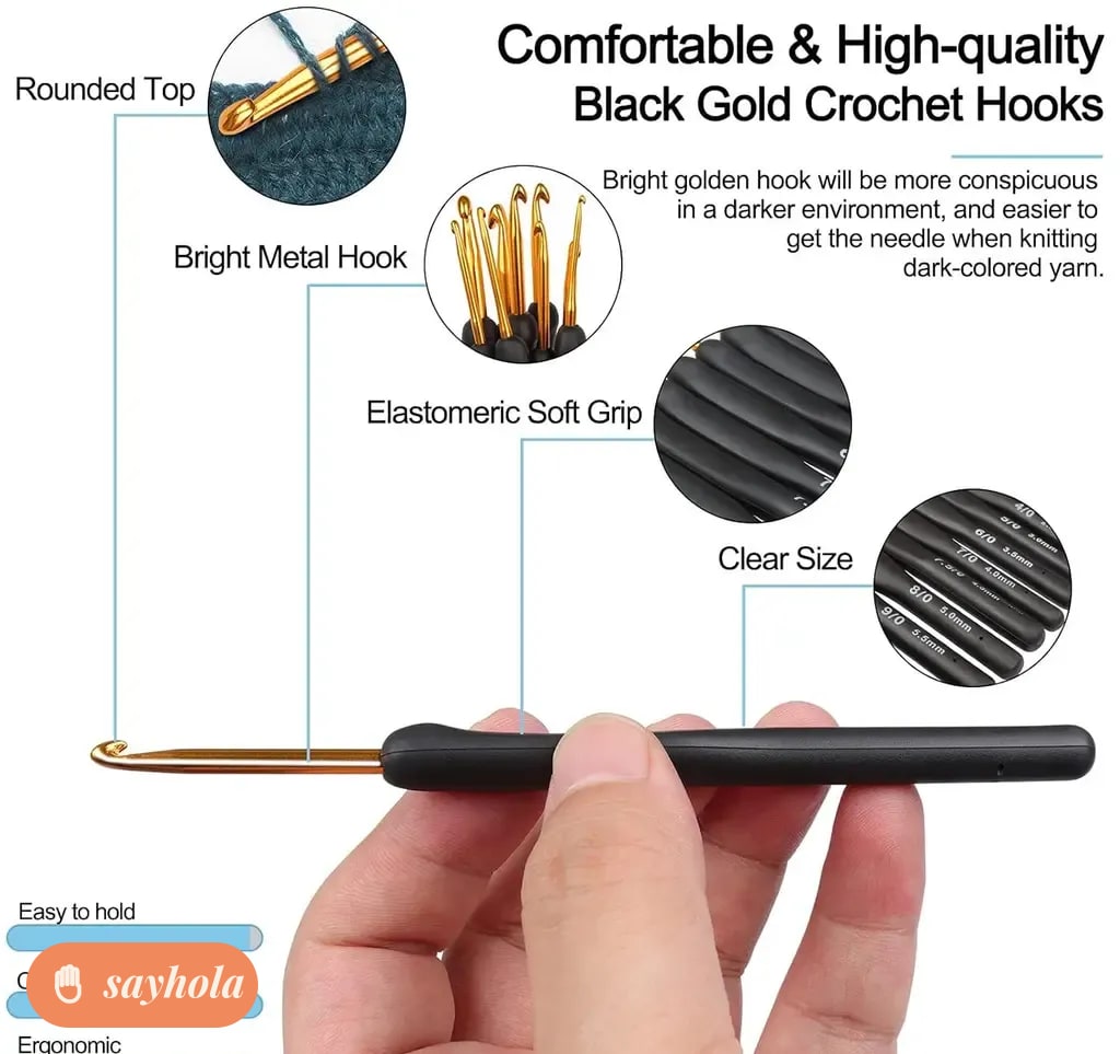 set of 9 aluminum crochet hooks with soft handles