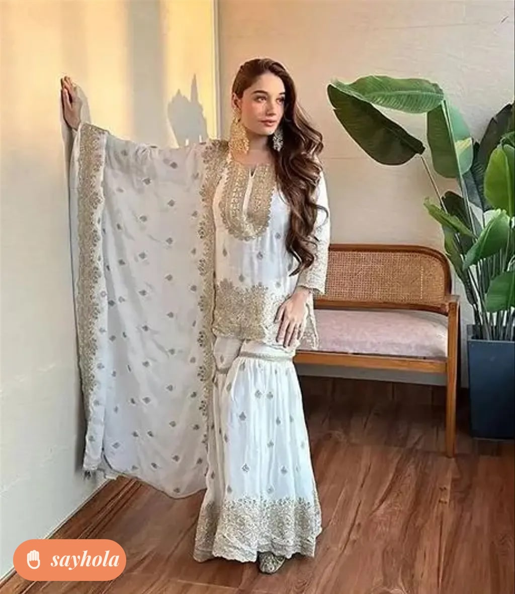 white georgette kurta pant and dupatta set