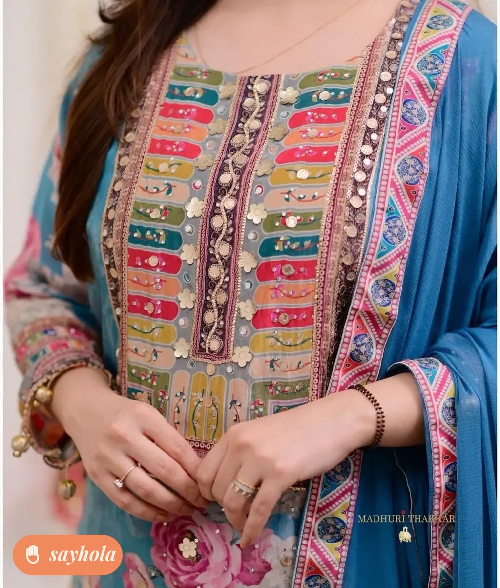 women's aqua blue cotton silk kurta pant dupatta set