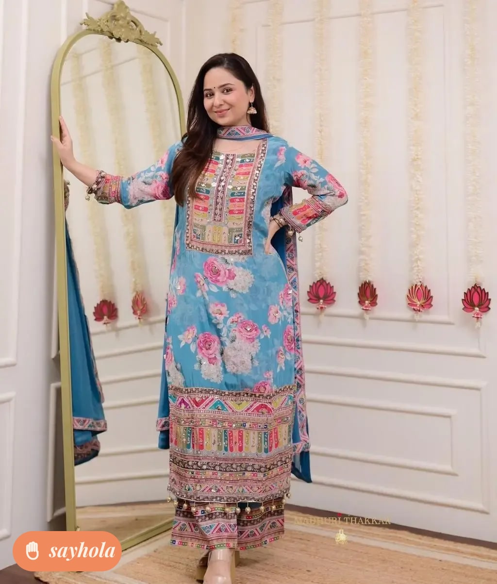 women's aqua blue cotton silk kurta pant dupatta set
