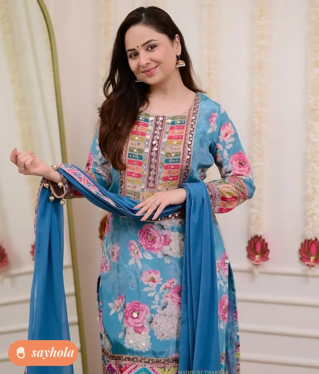 women's aqua blue cotton silk kurta pant dupatta set