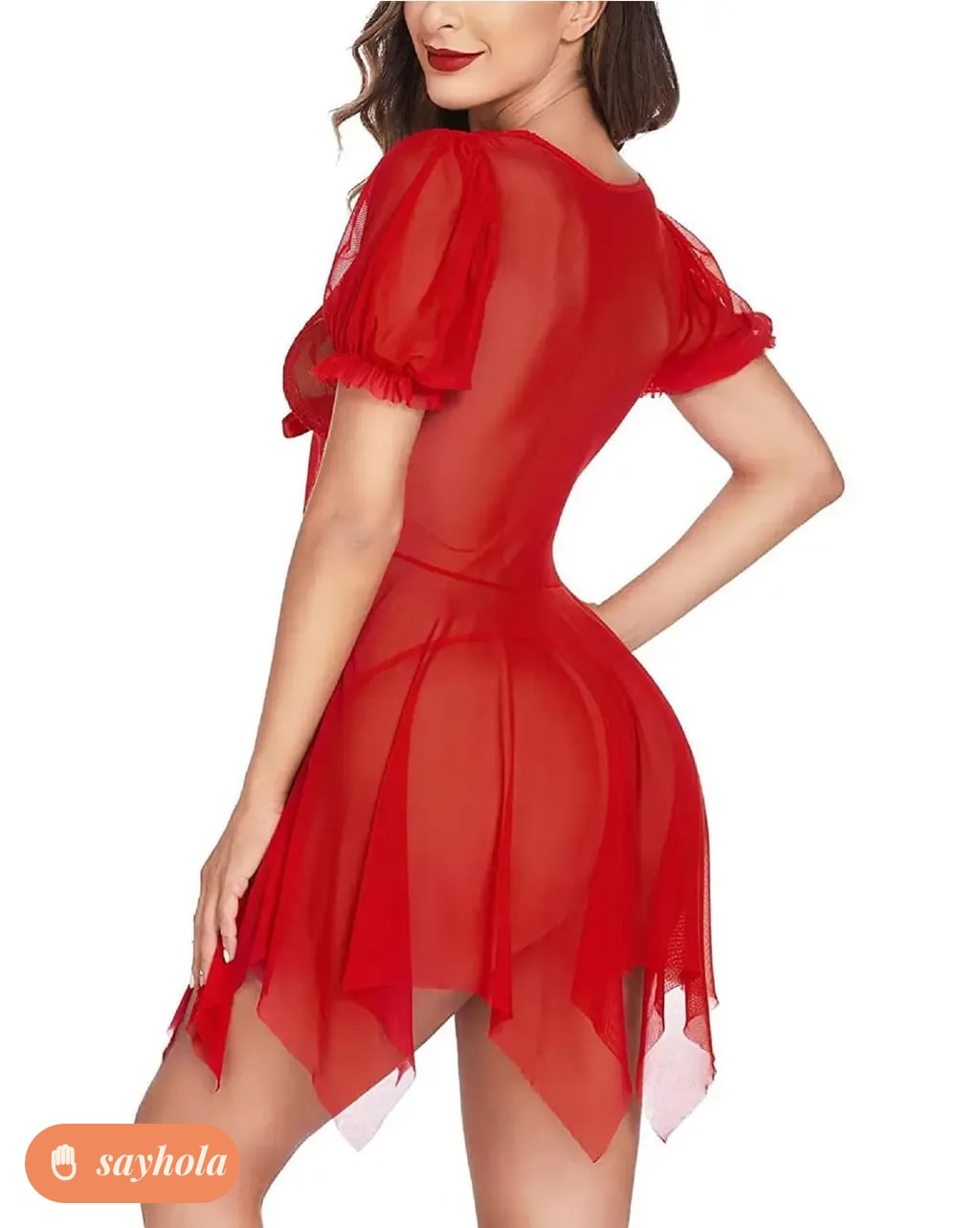 red sheer lace babydoll nightwear with puff sleeves