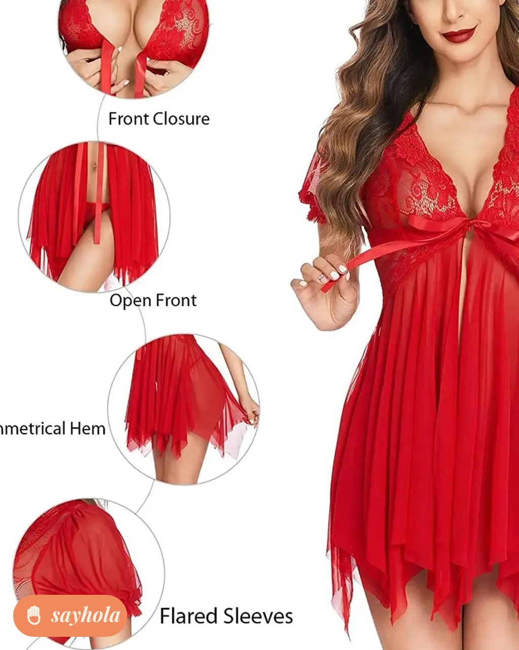 red sheer lace babydoll nightwear with puff sleeves