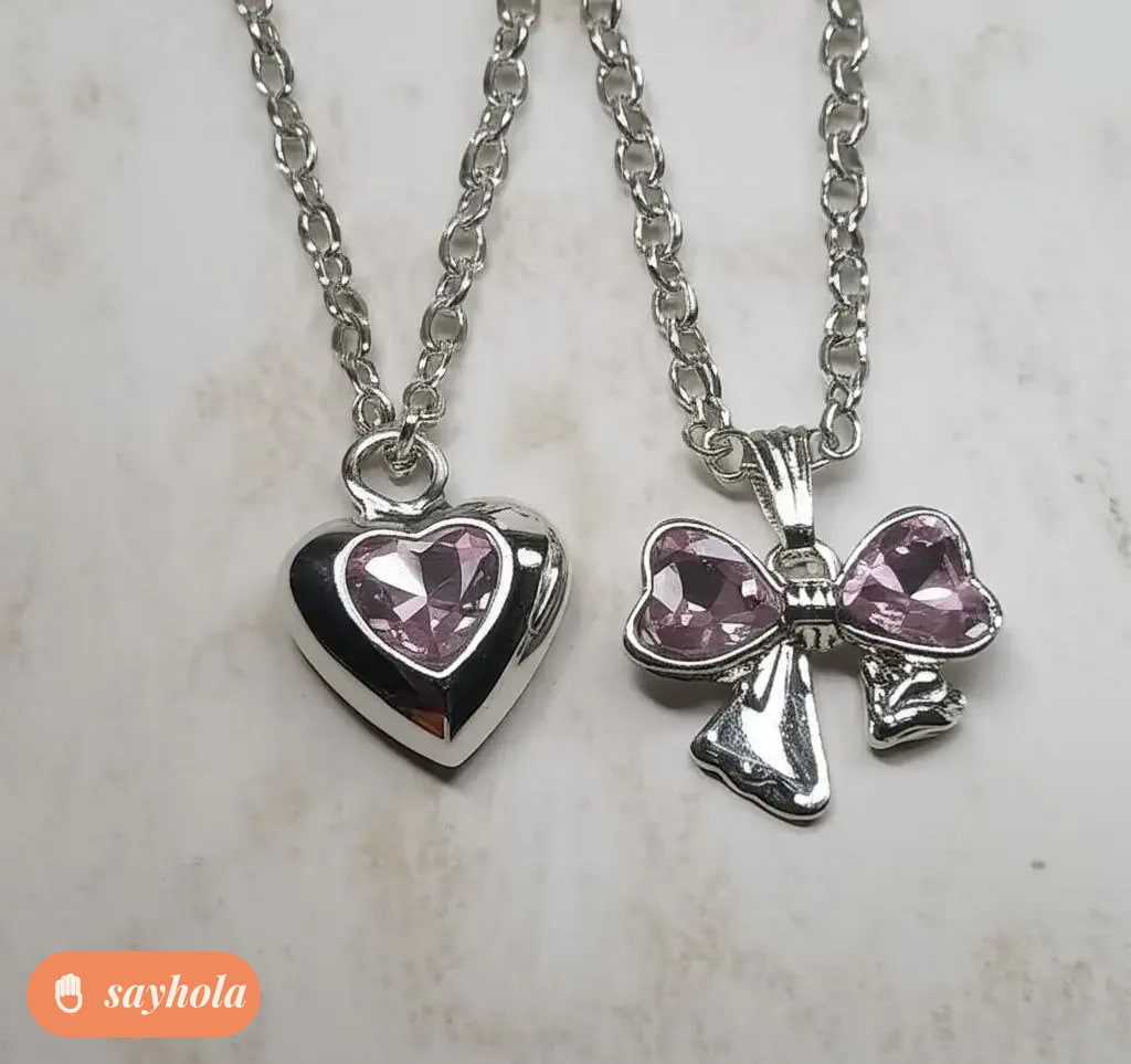 silver chain combo with pink ribbon and heart pendants