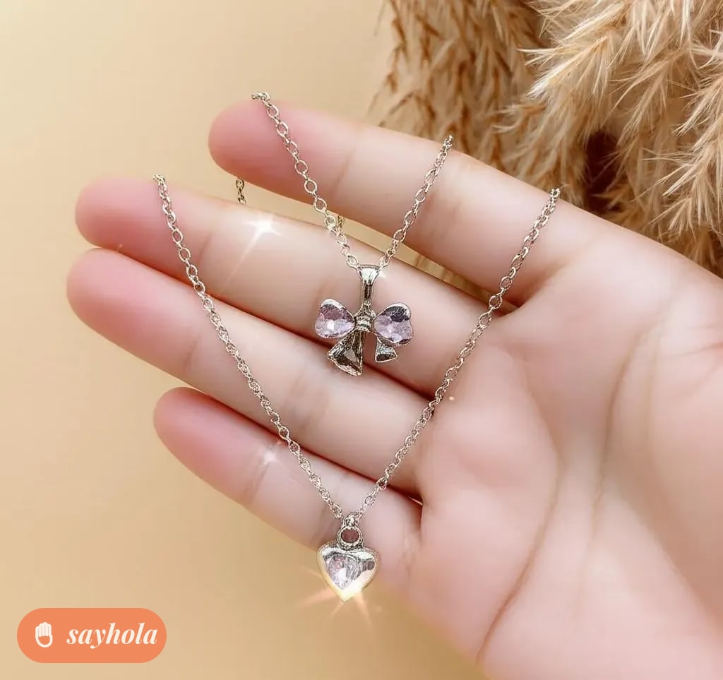 silver chain combo with pink ribbon and heart pendants