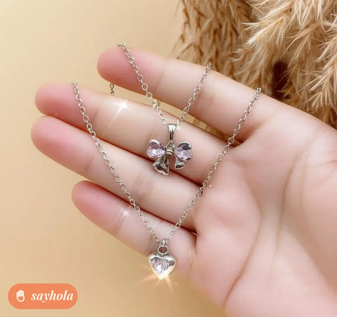 silver chain combo with pink ribbon and heart pendants