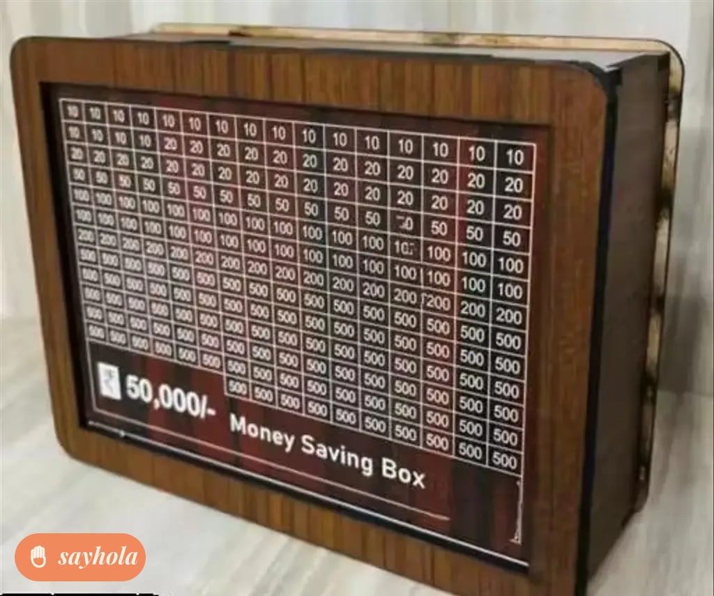 wooden piggy bank with savings tracker