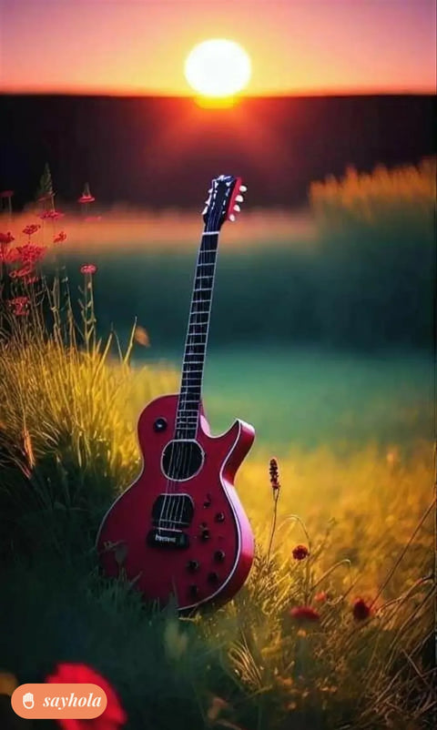 framed red guitar sunset wall art