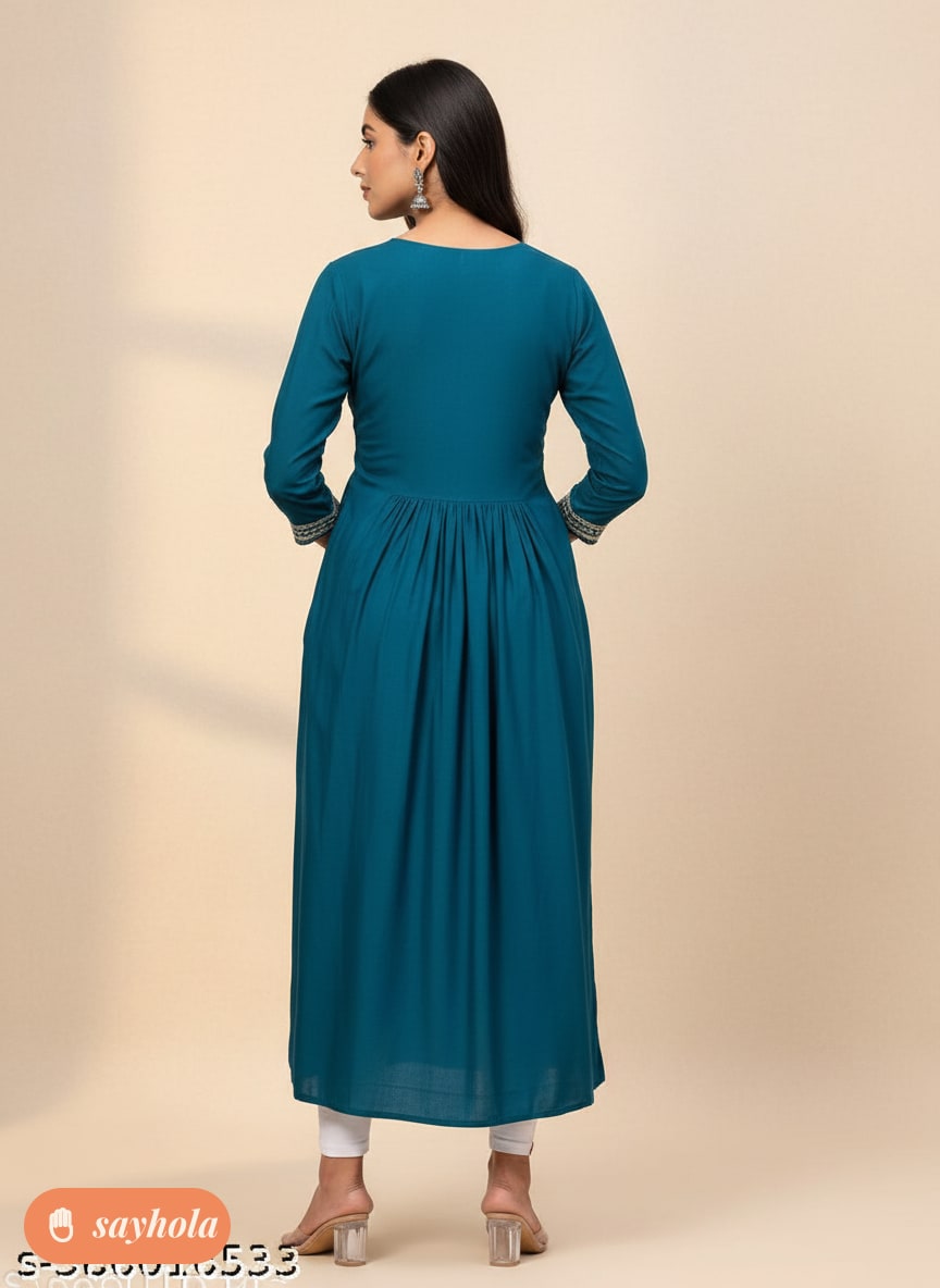 embroidered rayon kurta with three-quarter sleeves