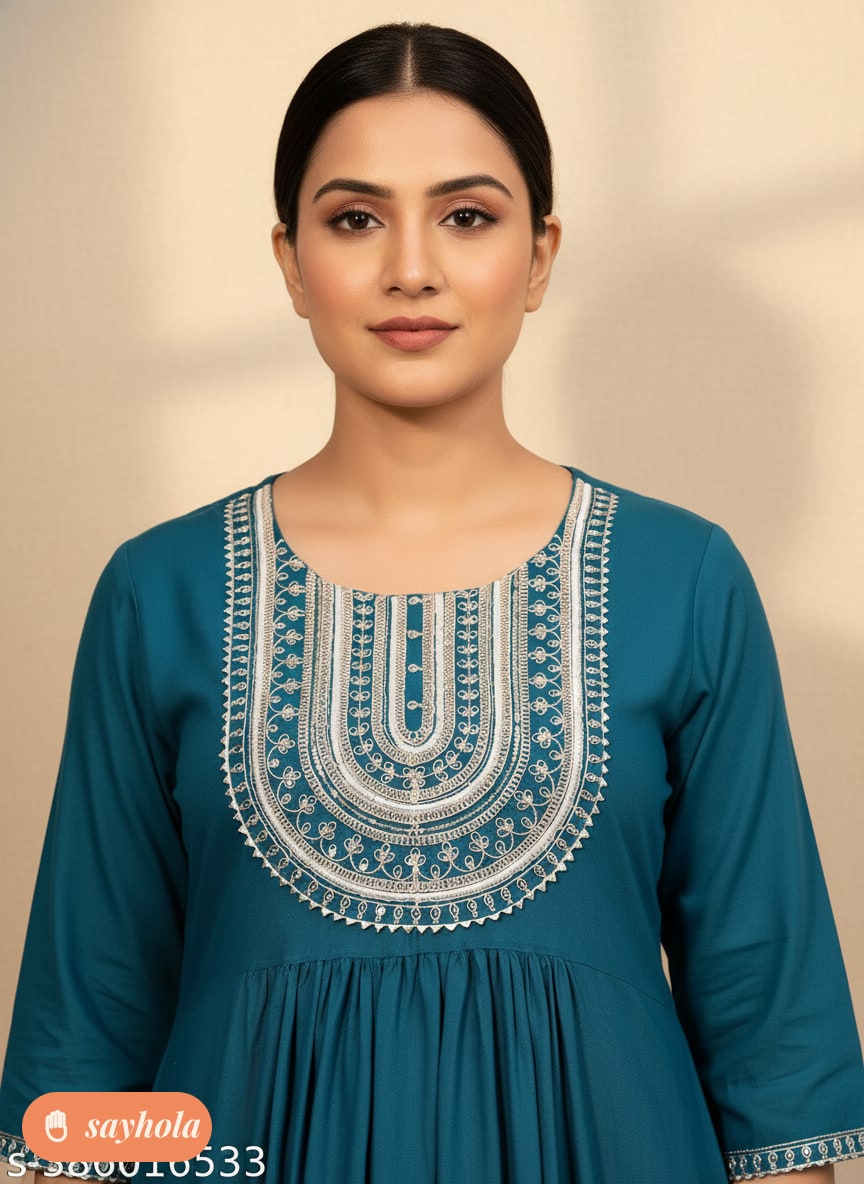 embroidered rayon kurta with three-quarter sleeves