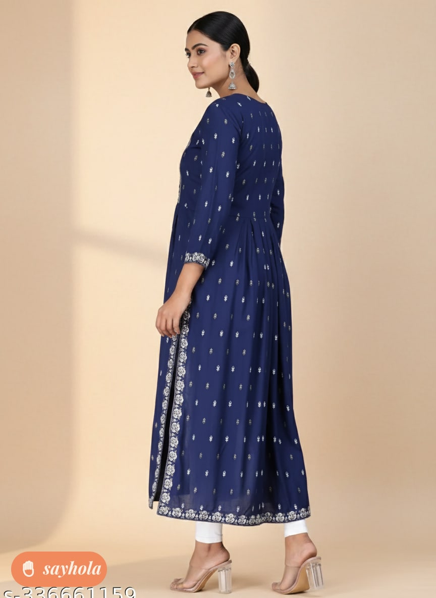 women's navy blue printed rayon naira cut kurta