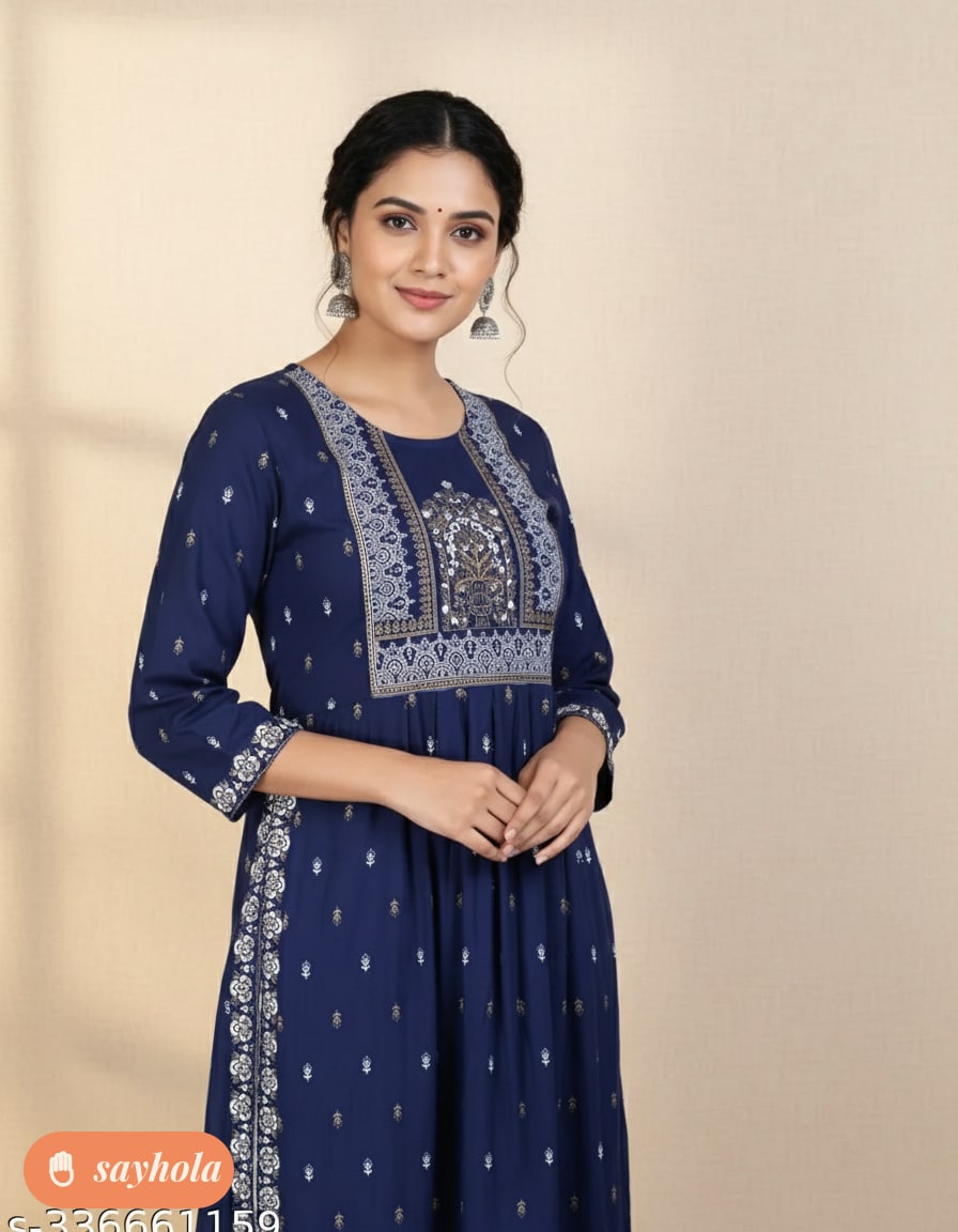 women's navy blue printed rayon naira cut kurta