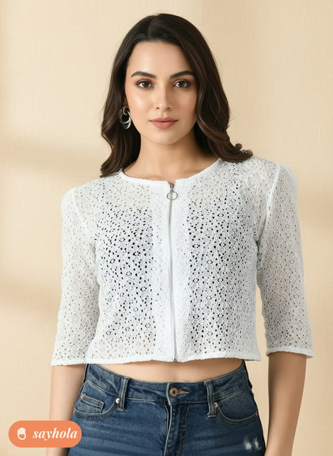 women's cotton blend net shrug with zip details