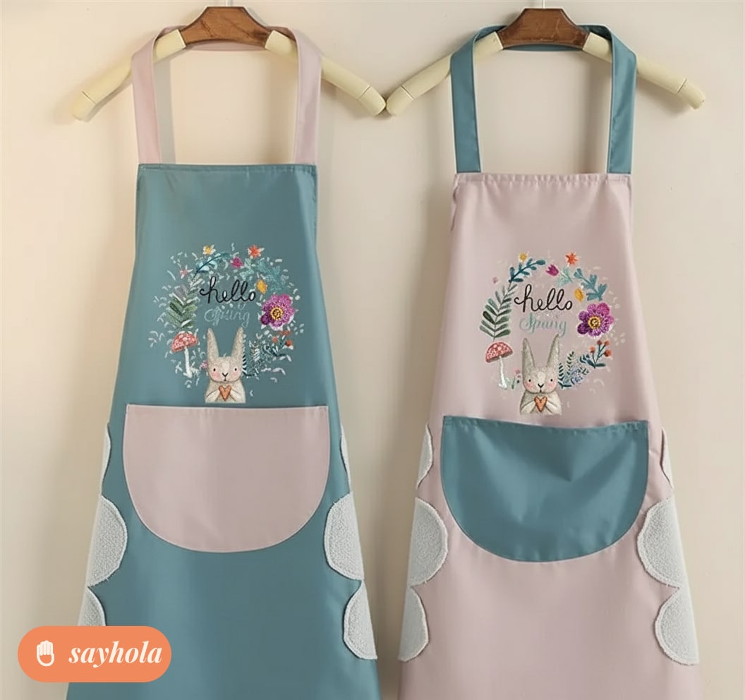 cute bear apron with center pocket and hand towels